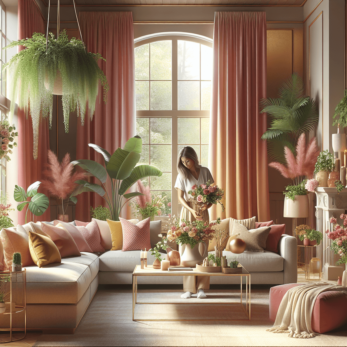 A beautifully decorated summer-inspired living room featuring warm golden tones and soft dusk pink accents, with vibrant raspberry blush accessories.