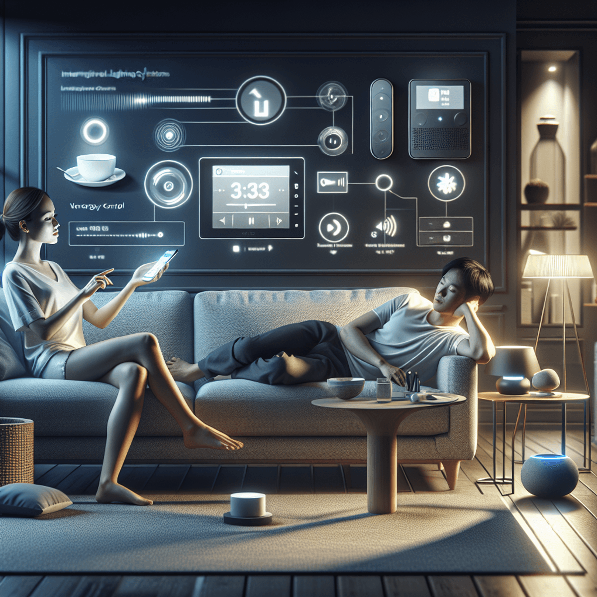 A contemporary living room featuring advanced home automation technologies. A Caucasian woman is using her smartphone to adjust the luminance of intel